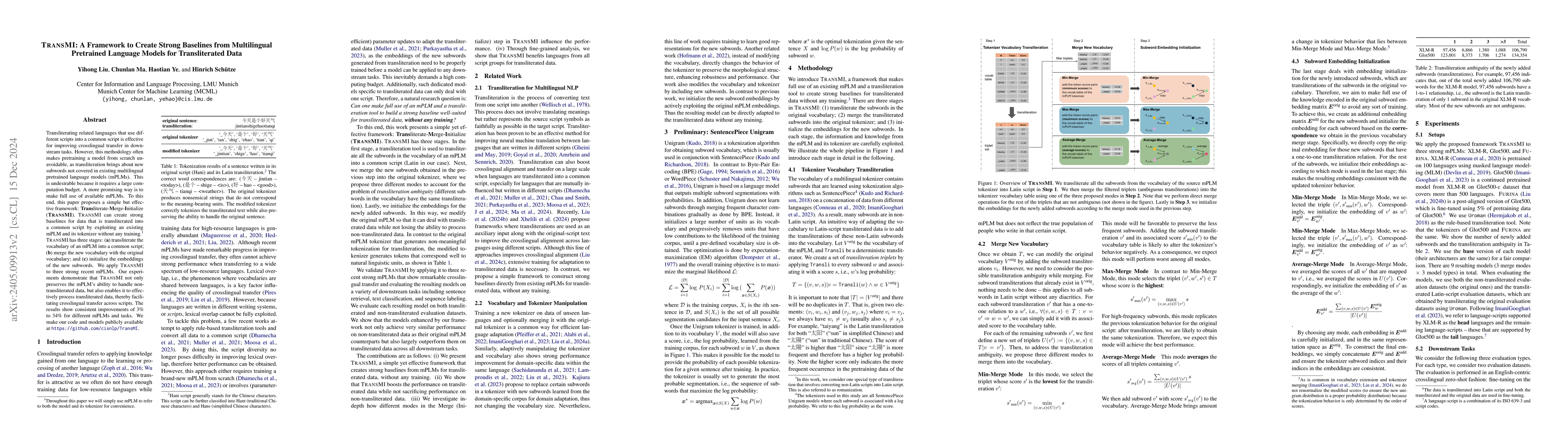 Thumbnail for TransMI: A Framework to Create Strong Baselines from Multilingual
  Pretrained Language Models for Transliterated Data