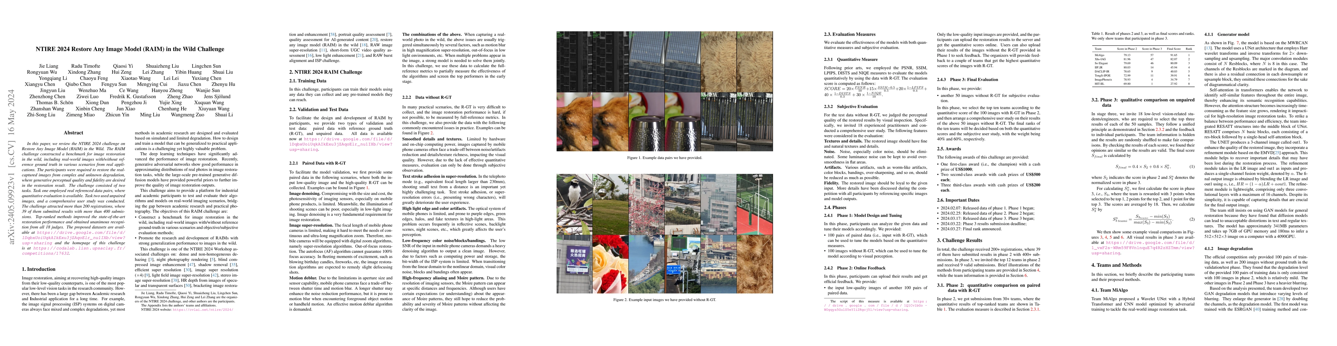 Thumbnail for NTIRE 2024 Restore Any Image Model (RAIM) in the Wild Challenge