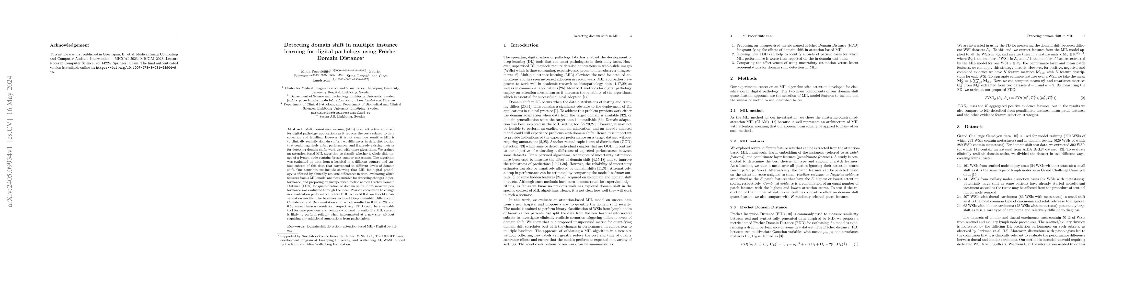 Thumbnail for Detecting Domain Shift in Multiple Instance Learning for Digital
  Pathology Using Fr\'echet Domain Distance