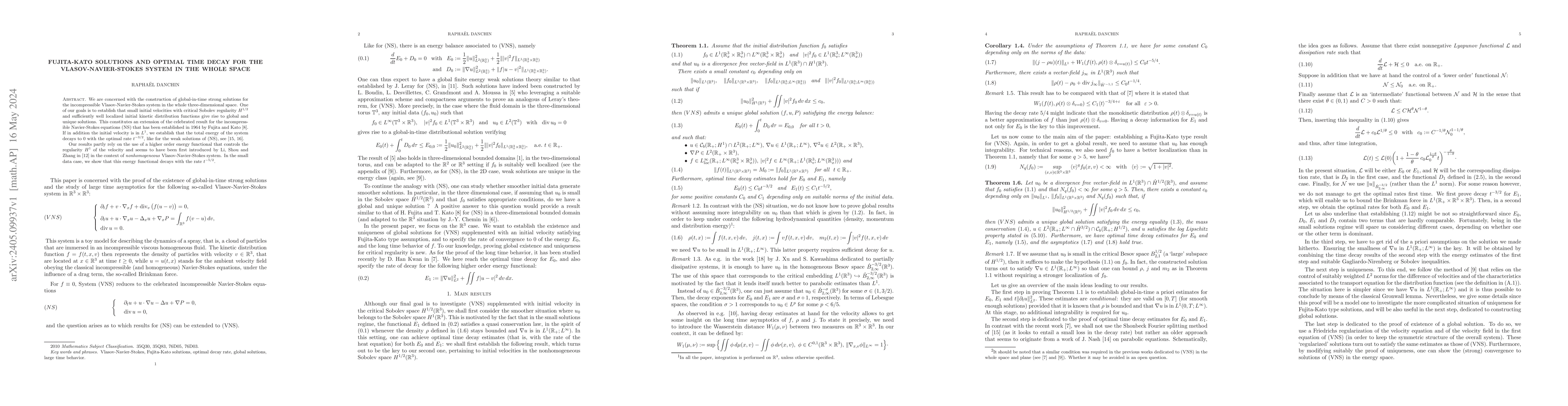 Thumbnail for Fujita-Kato solutions and optimal time decay for the
  Vlasov-Navier-Stokes system in the whole space