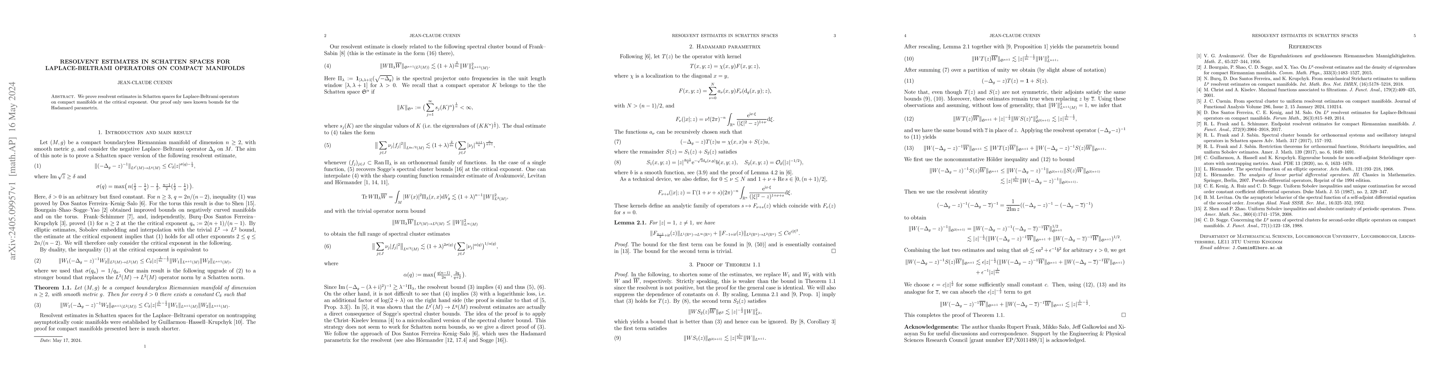 Thumbnail for Resolvent estimates in Schatten spaces for Laplace-Beltrami operators on
  compact manifolds