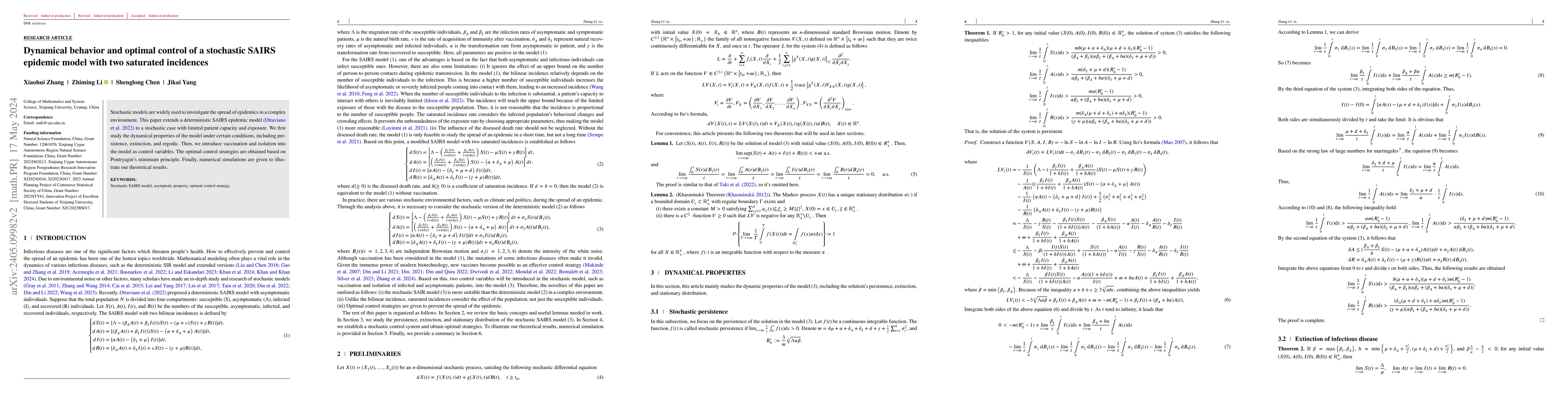 Thumbnail for Dynamical behavior and optimal control of a stochastic SAIRS epidemic
  model with two saturated incidences