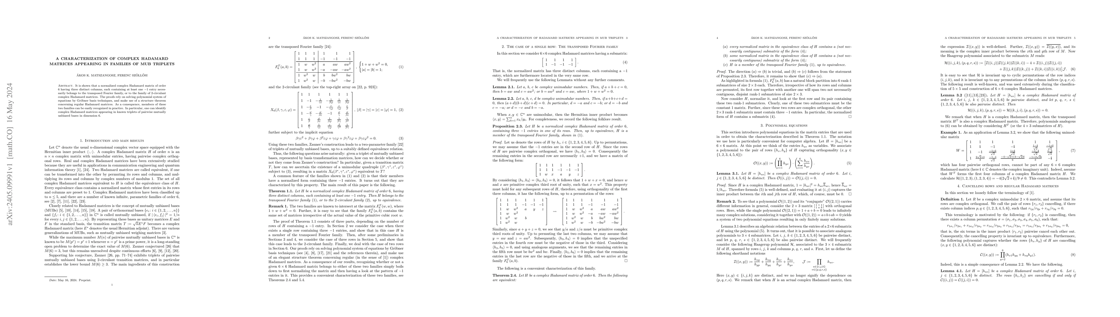 Thumbnail for A characterization of complex Hadamard matrices appearing in families of
  MUB triplets