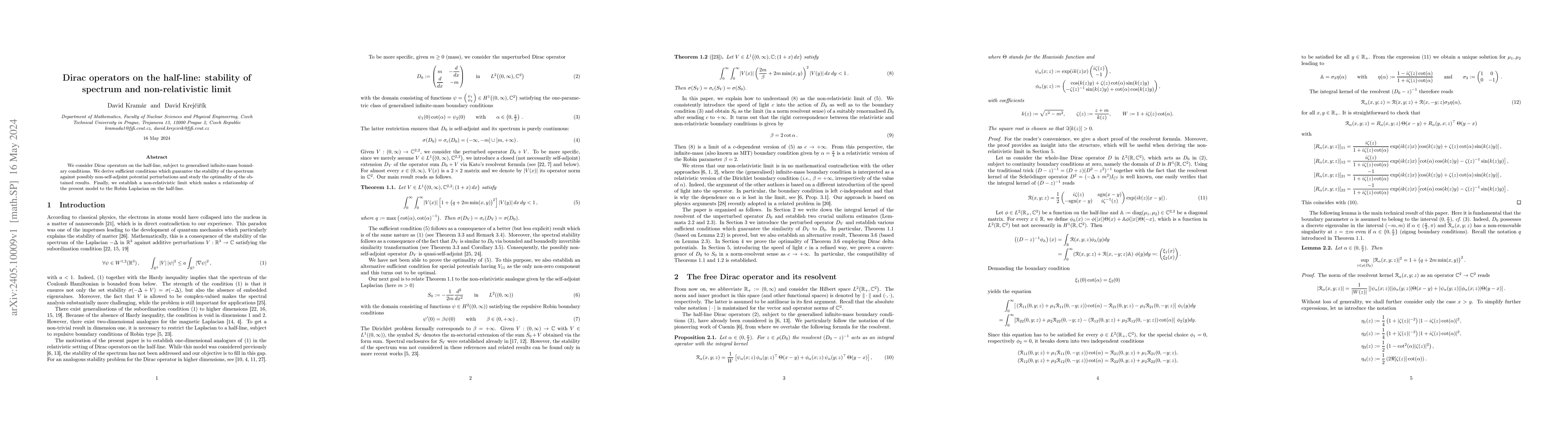 Thumbnail for Dirac operators on the half-line: stability of spectrum and
  non-relativistic limit