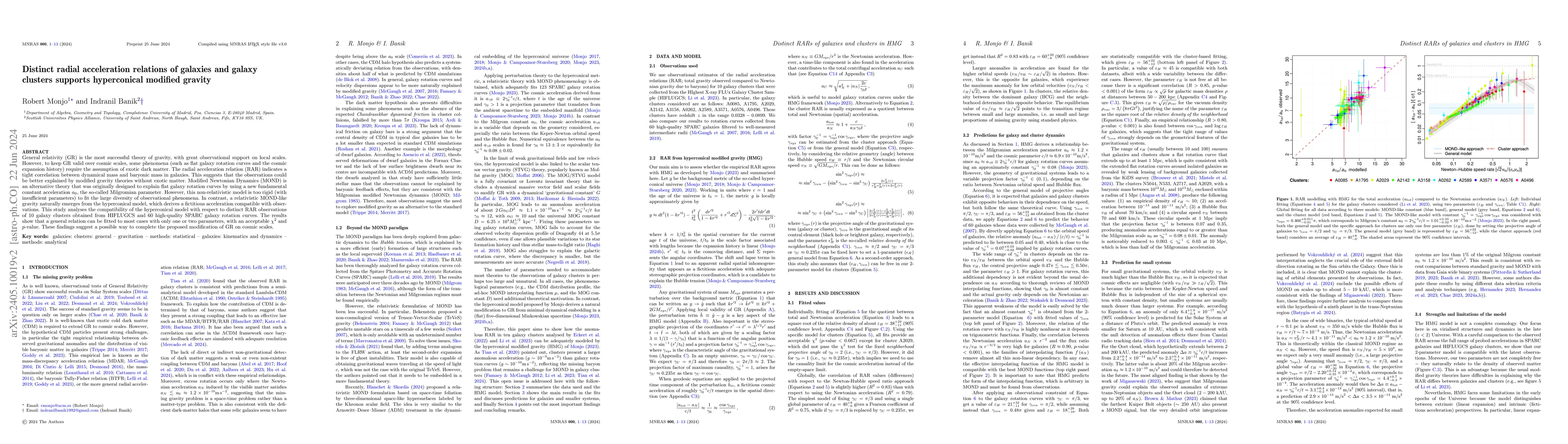 Thumbnail for Distinct radial acceleration relations of galaxies and galaxy clusters
  supports hyperconical modified gravity