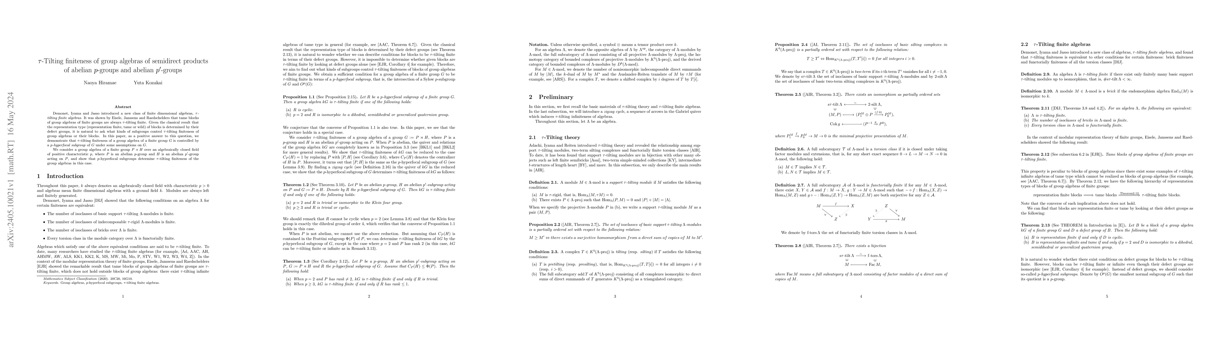 Thumbnail for $\tau$-Tilting finiteness of group algebras of semidirect products of
  abelian $p$-groups and abelian $p'$-groups