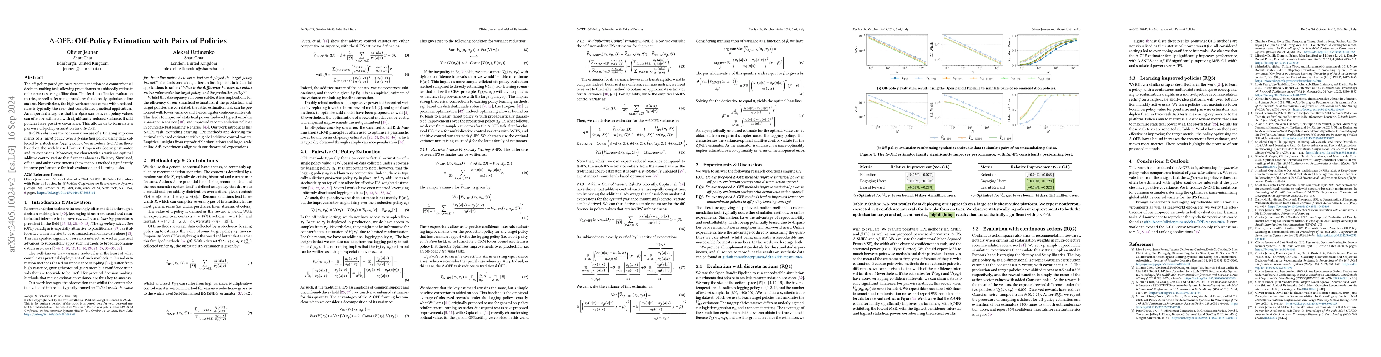 Thumbnail for $\Delta\text{-}{\rm OPE}$: Off-Policy Estimation with Pairs of Policies