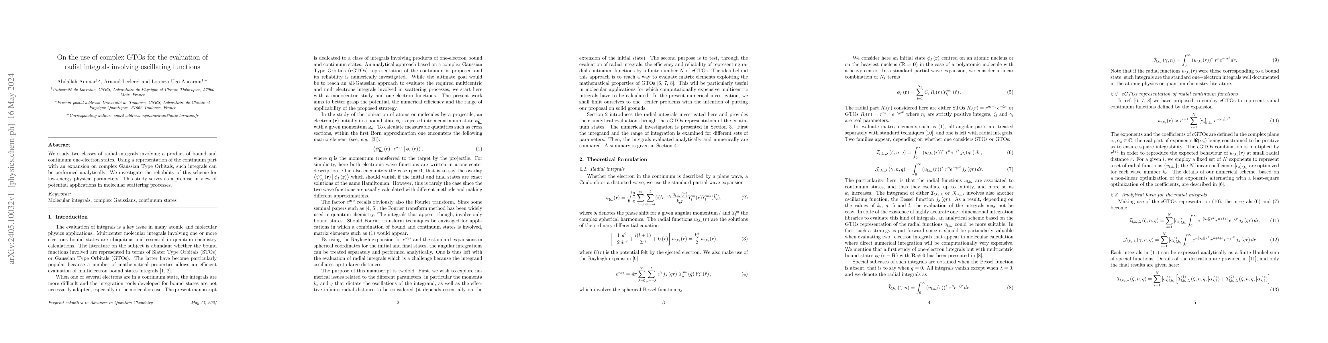 Thumbnail for On the use of complex GTOs for the evaluation of radial integrals
  involving oscillating functions