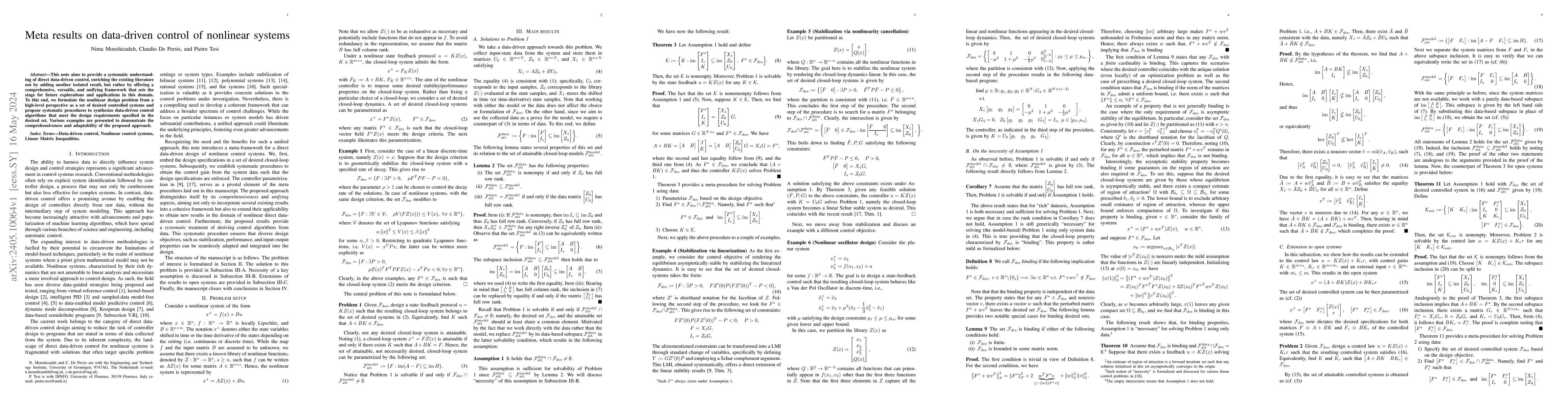 Thumbnail for Meta results on data-driven control of nonlinear systems