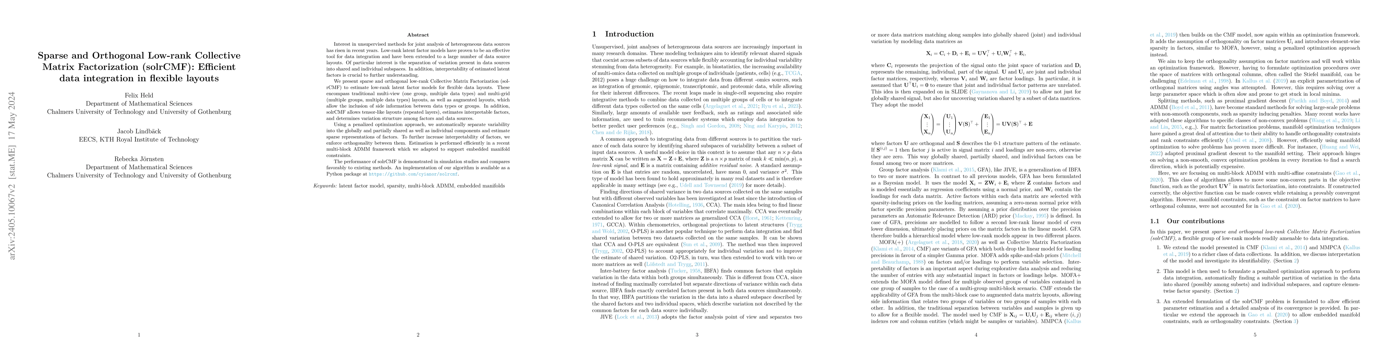 Thumbnail for Sparse and Orthogonal Low-rank Collective Matrix Factorization
  (solrCMF): Efficient data integration in flexible layouts