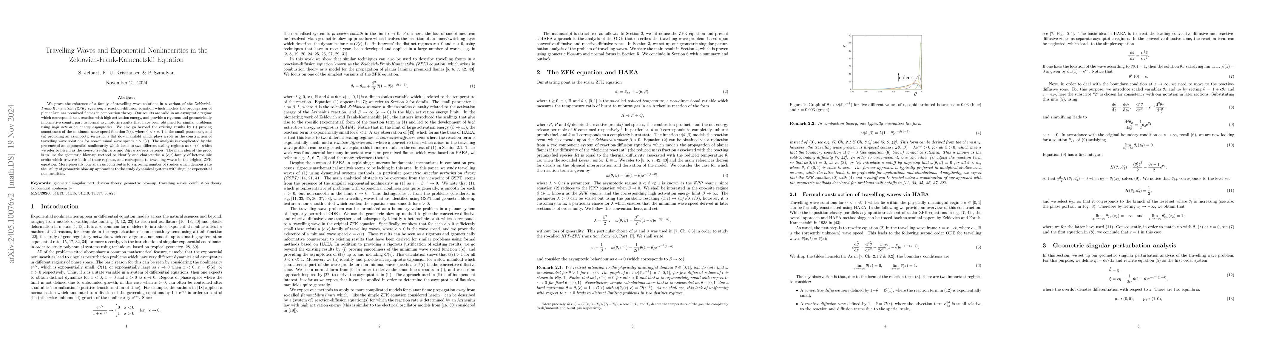 Thumbnail for Travelling Waves and Exponential Nonlinearities in the
  Zeldovich-Frank-Kamenetskii Equation