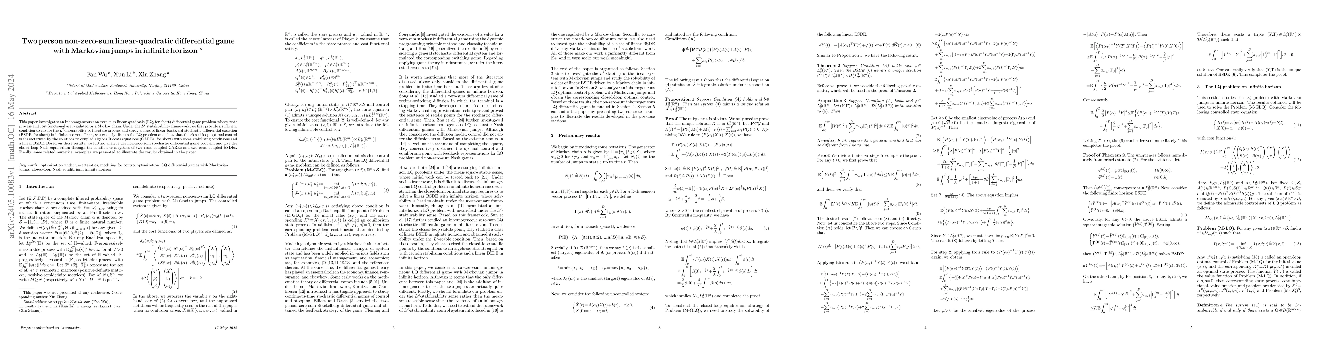 Thumbnail for Two person non-zero-sum linear-quadratic differential game with
  Markovian jumps in infinite horizon