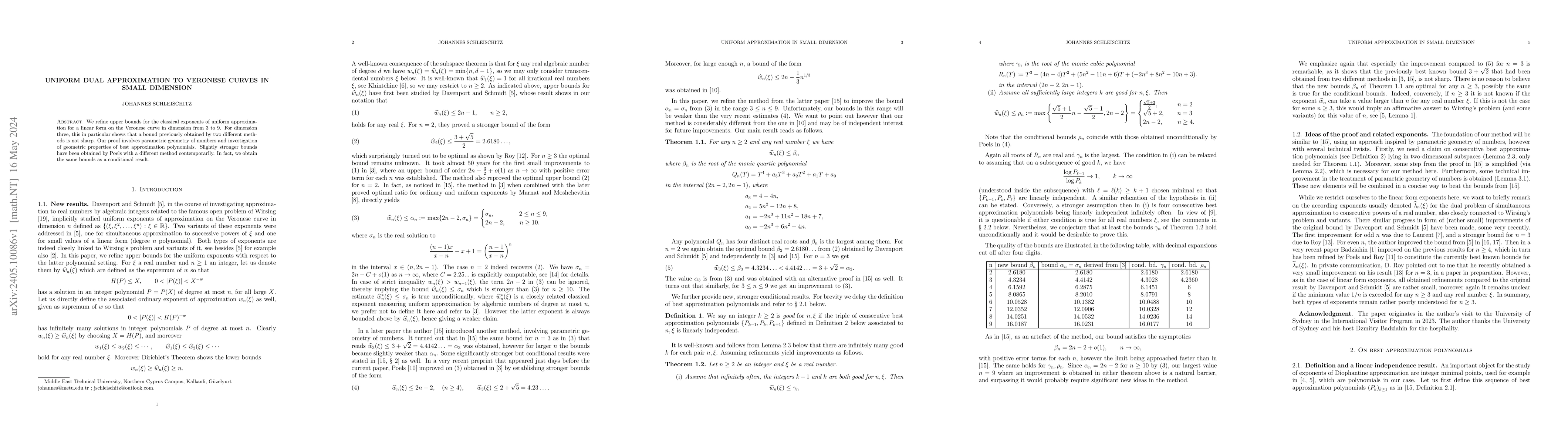 Thumbnail for Uniform dual approximation to Veronese curves in small dimension