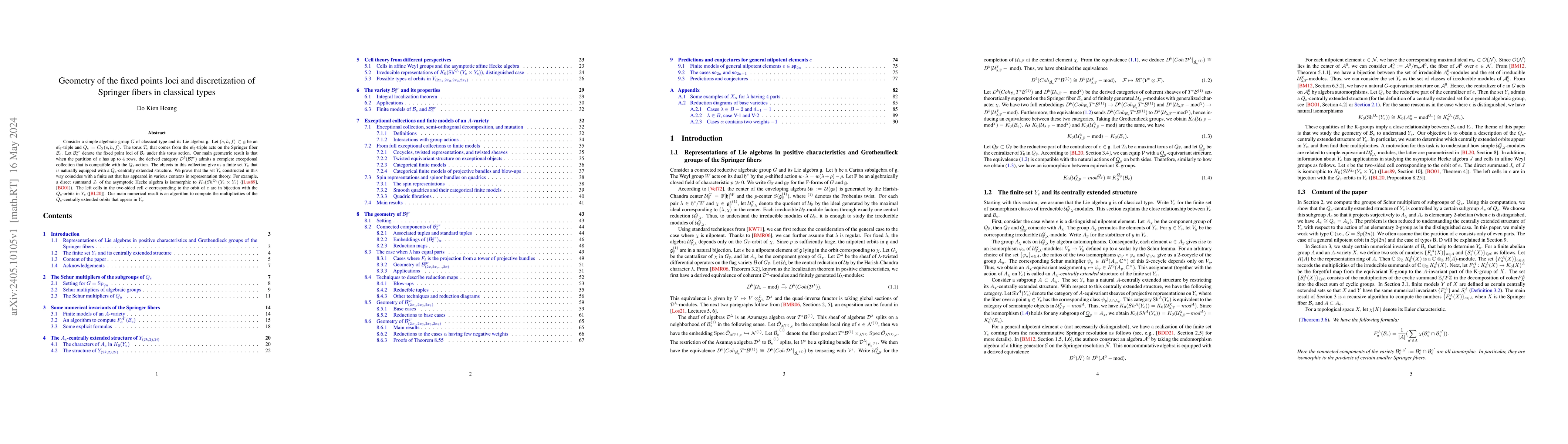 Thumbnail for Geometry of the fixed points loci and discretization of Springer fibers
  in classical types