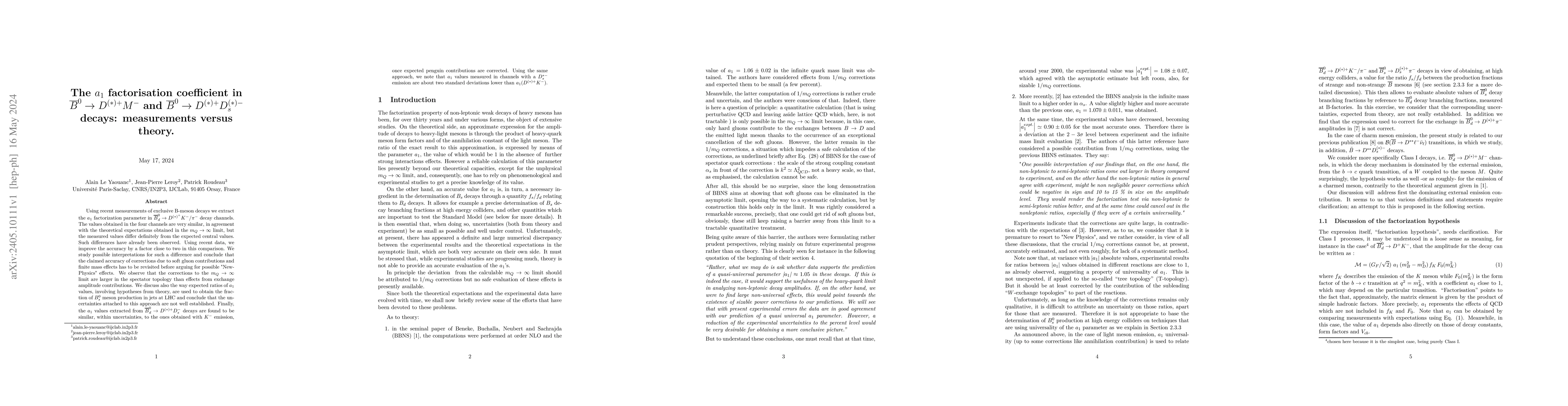 Thumbnail for The $a_1$ factorisation coefficient in ${\overline{B}^0} \to
  D^{(*)+}M^{-}$ and ${\overline{B}^0} \to D^{(*)+}D_s^{(*)-}$ decays:
  measurements versus theory