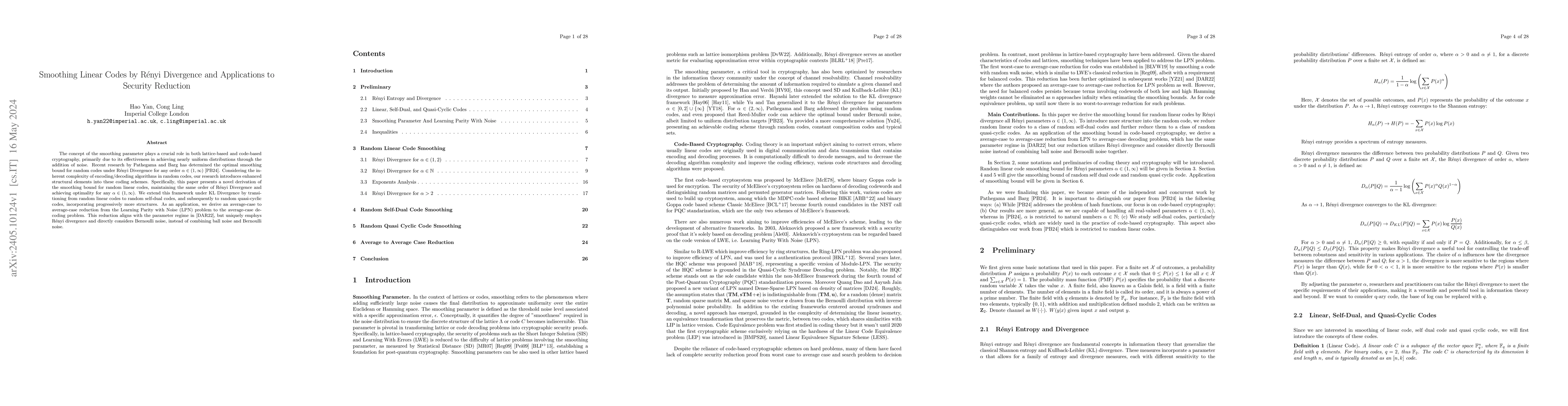 Thumbnail for Smoothing Linear Codes by R\'enyi Divergence and Applications to
  Security Reduction