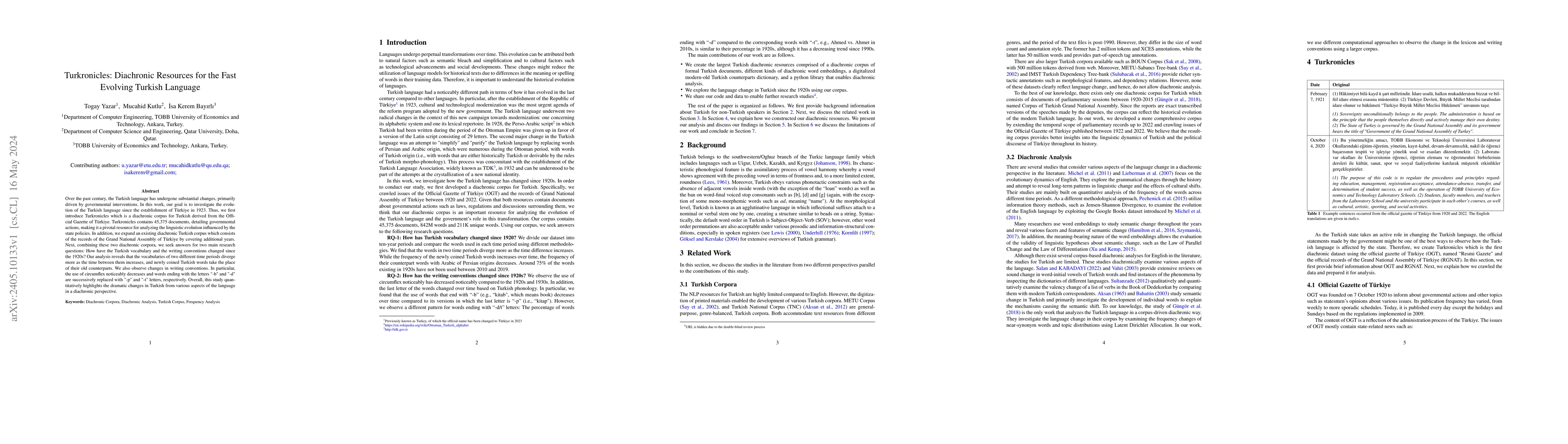 Thumbnail for Turkronicles: Diachronic Resources for the Fast Evolving Turkish
  Language