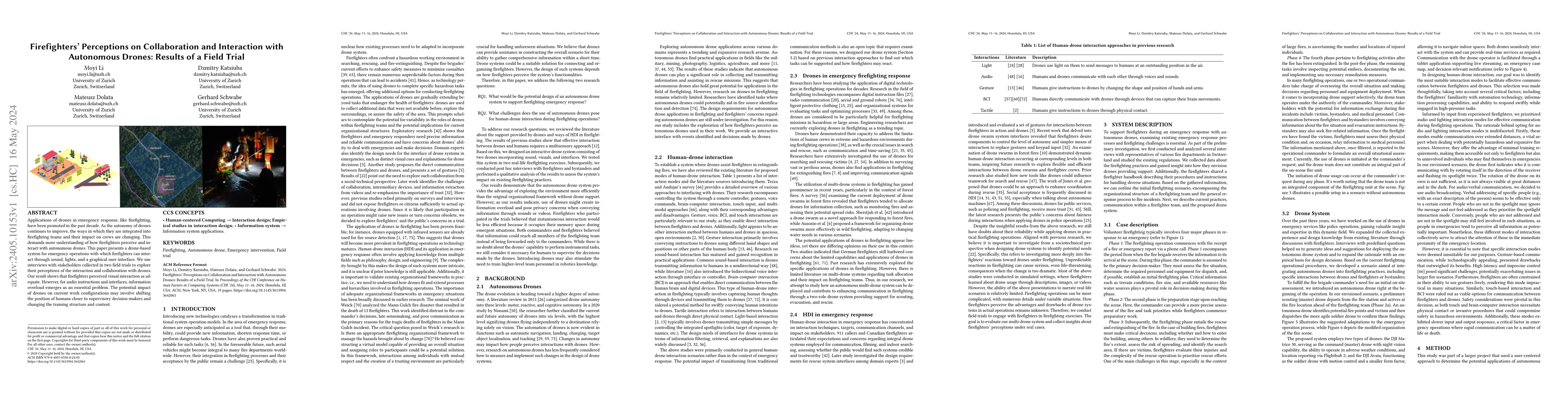 Thumbnail for Firefighters' Perceptions on Collaboration and Interaction with
  Autonomous Drones: Results of a Field Trial