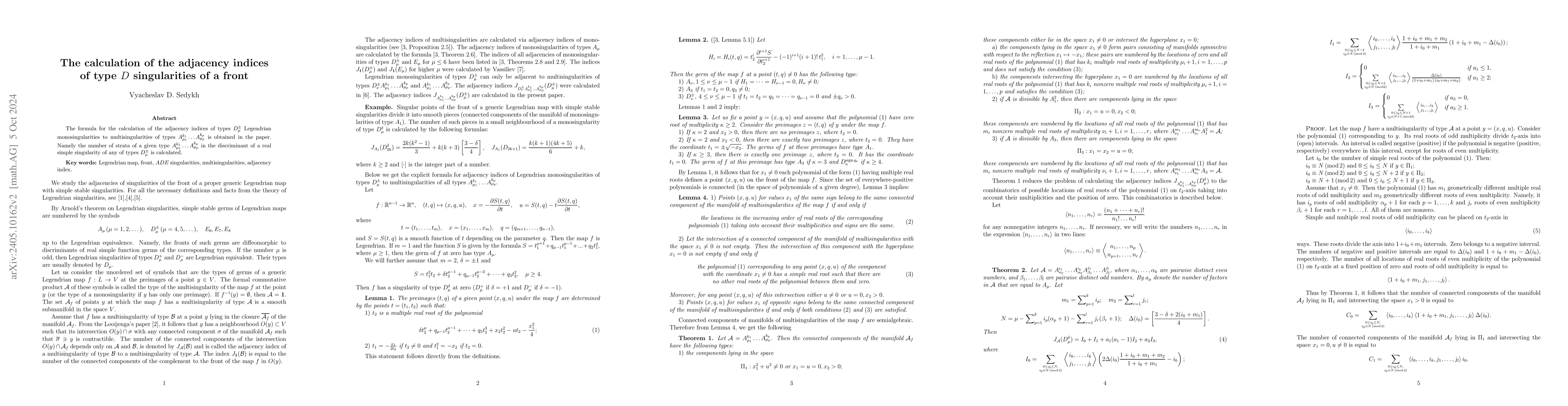 Thumbnail for The calculation of the adjacency indices of type $D$ singularities of a
  front
