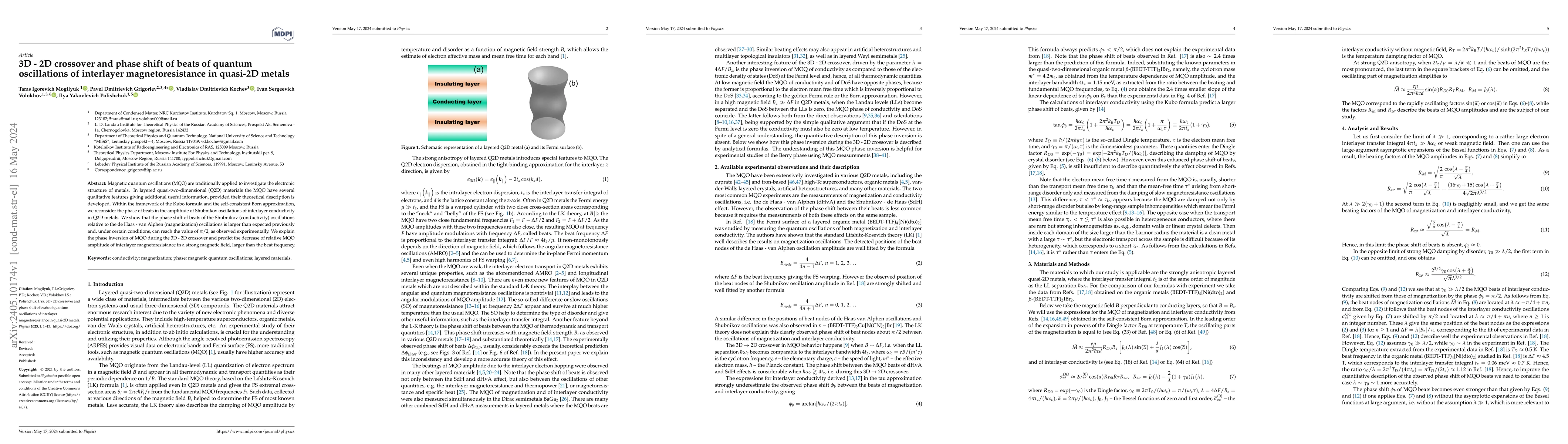 Thumbnail for 3D-2D crossover and phase shift of beats of quantum oscillations of
  interlayer magnetoresistance in quasi-2D metals