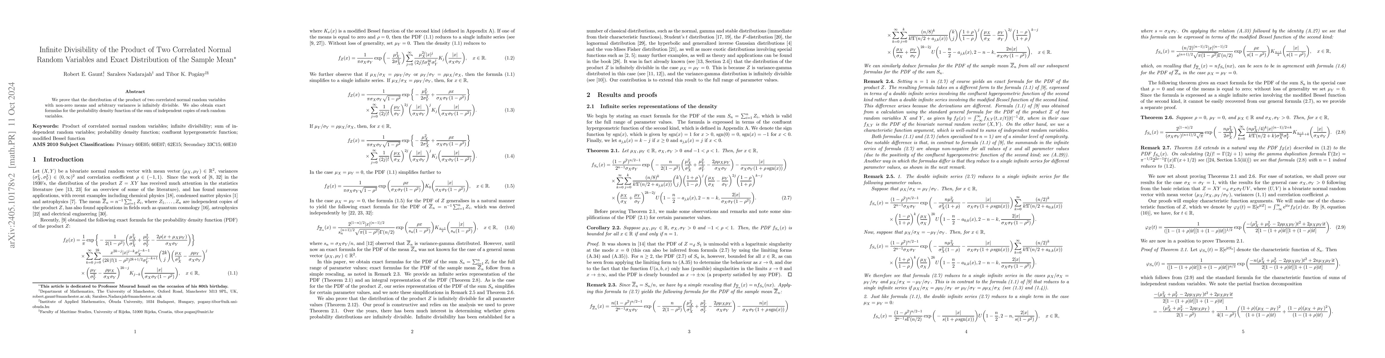 Thumbnail for Infinite Divisibility of the Product of Two Correlated Normal Random
  Variables and Exact Distribution of the Sample Mean