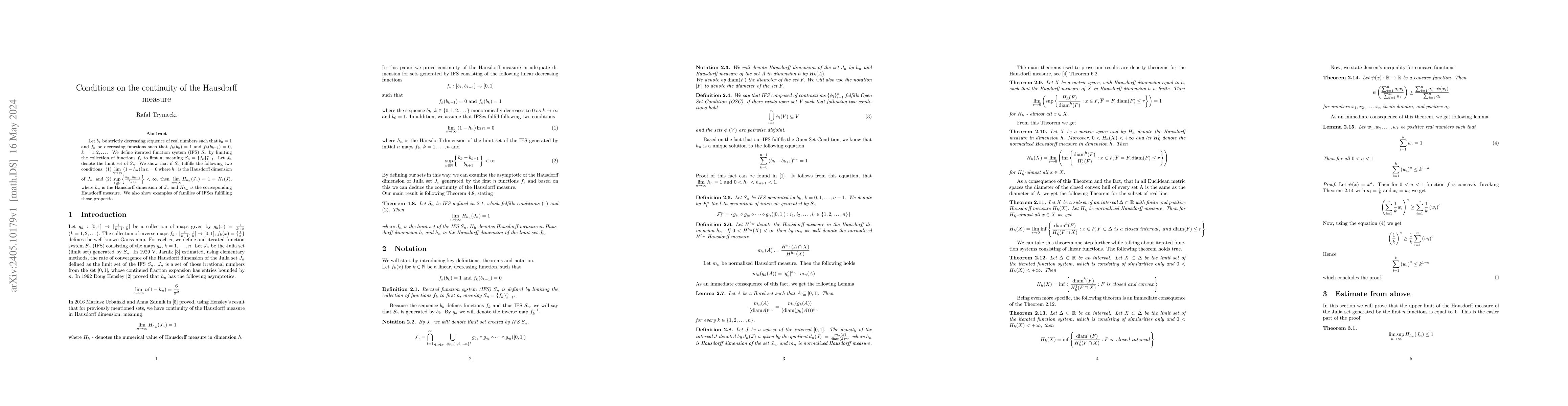Thumbnail for Conditions on the continuity of the Hausdorff measure