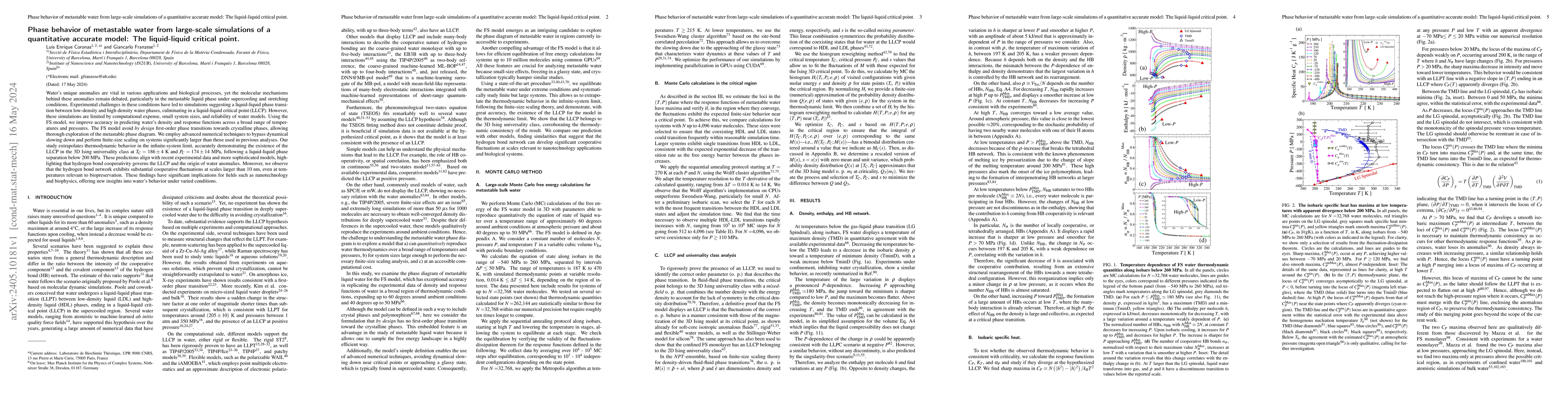 Thumbnail for Phase behavior of metastable water from large-scale simulations of a
  quantitative accurate model: The liquid-liquid critical point