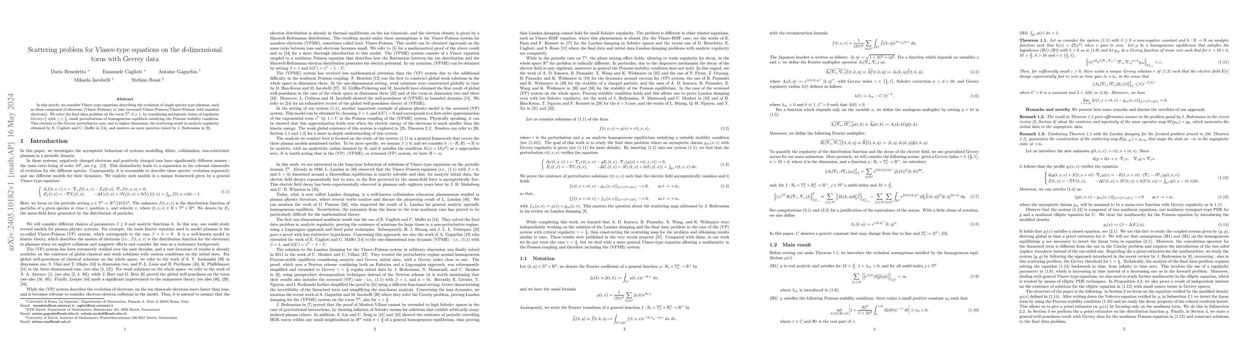 Thumbnail for Scattering problem for Vlasov-type equations on the $d$-dimensional
  torus with Gevrey data