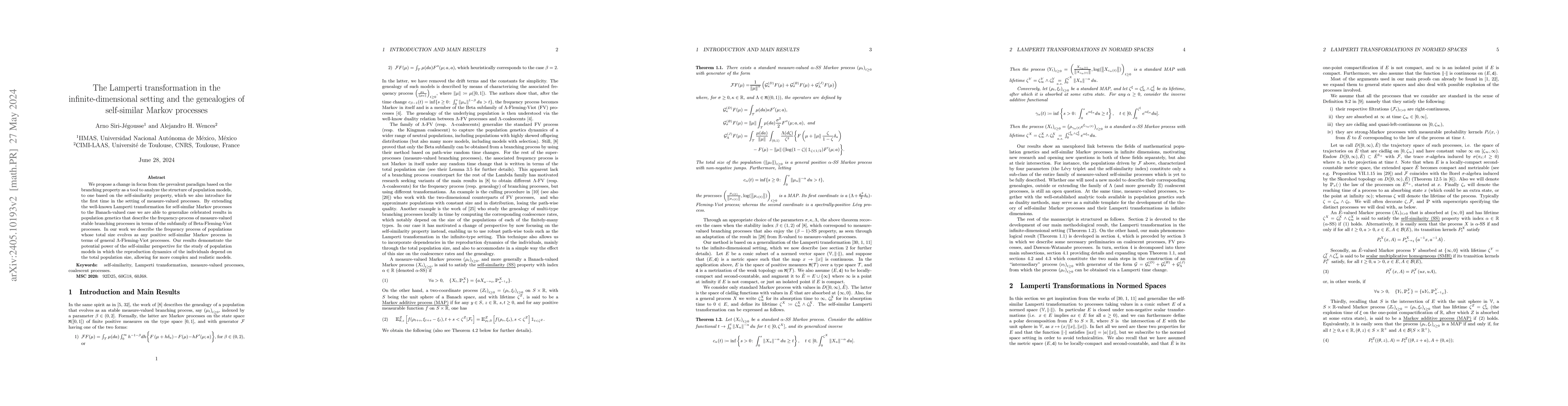 Thumbnail for The Lamperti transformation in the infinite-dimensional setting and the
  genealogies of self-similar Markov processes