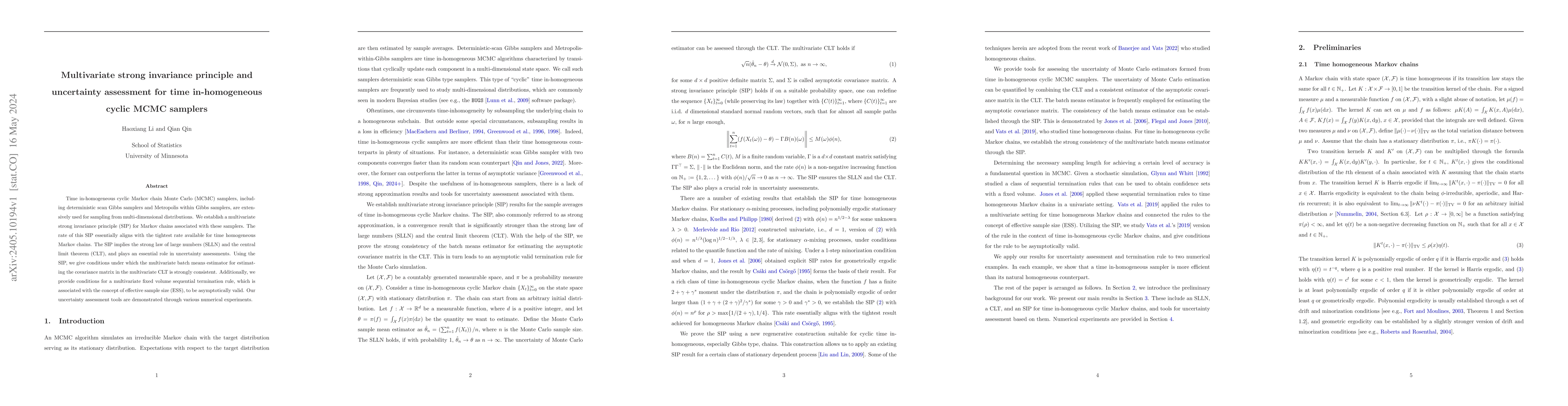 Thumbnail for Multivariate strong invariance principle and uncertainty assessment for
  time in-homogeneous cyclic MCMC samplers