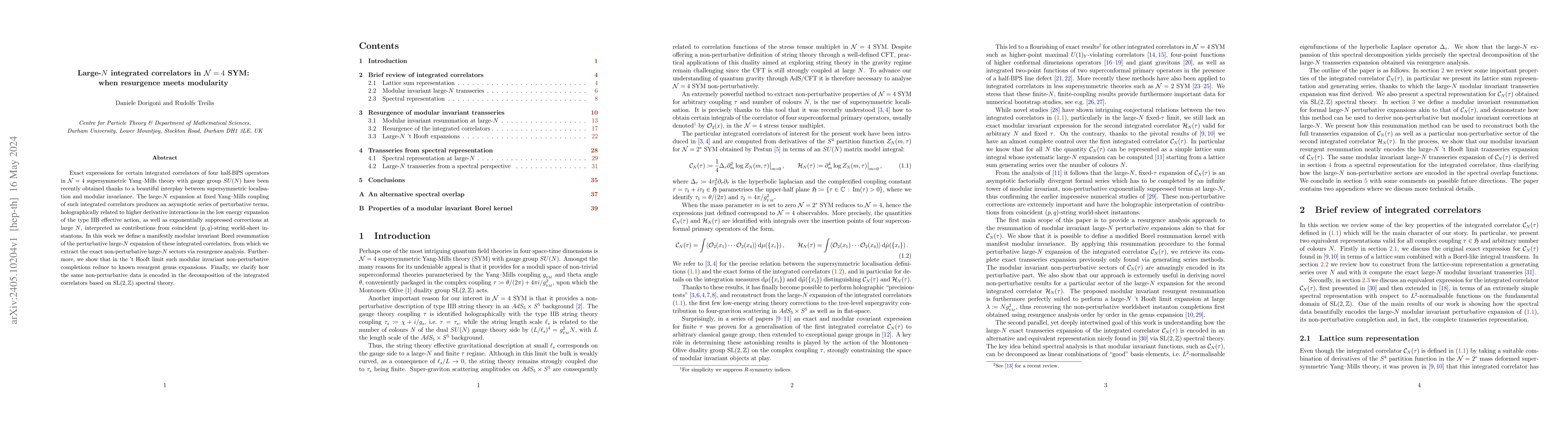 Thumbnail for Large-$N$ integrated correlators in $\mathcal{N}=4$ SYM: when resurgence
  meets modularity