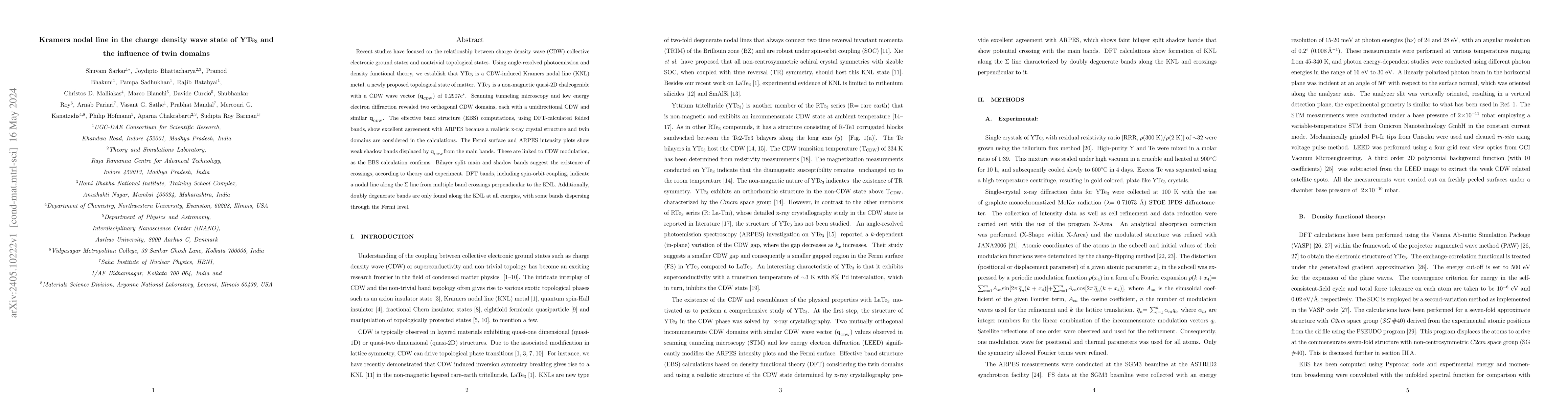 Thumbnail for Kramers nodal line in the charge density wave state of YTe$_3$ and the
  influence of twin domains