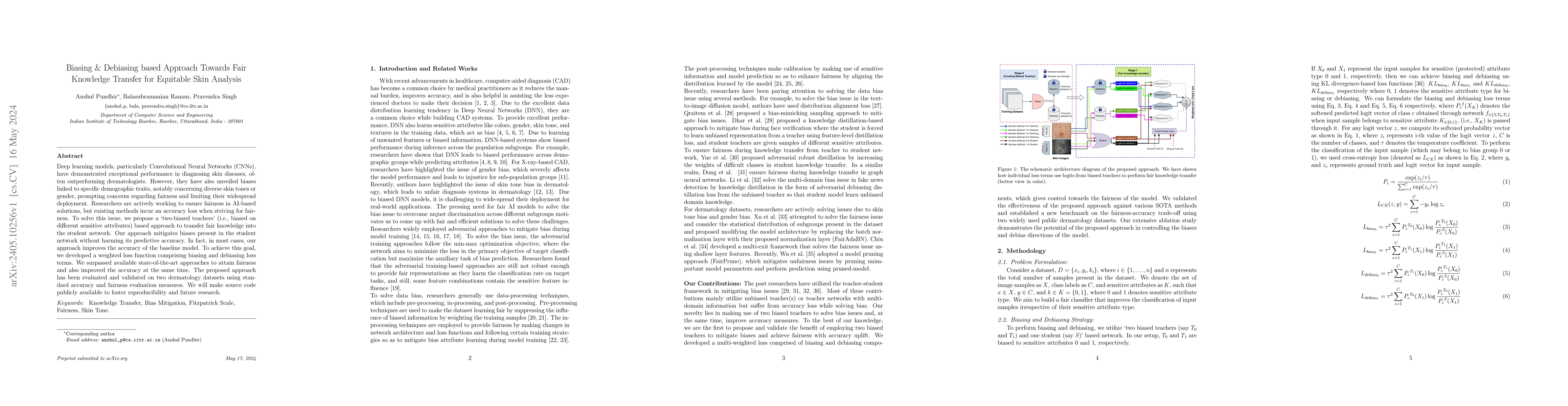 Thumbnail for Biasing & Debiasing based Approach Towards Fair Knowledge Transfer for
  Equitable Skin Analysis