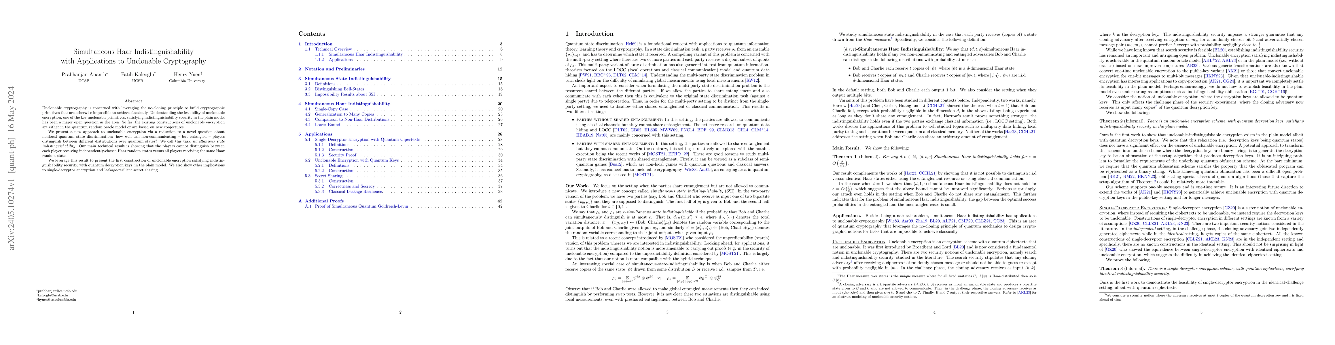 Thumbnail for Simultaneous Haar Indistinguishability with Applications to Unclonable
  Cryptography