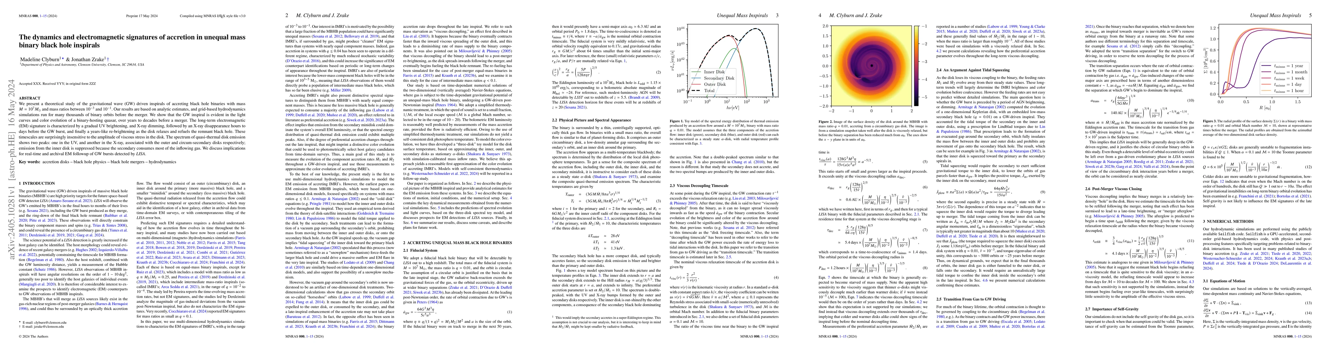 Thumbnail for The dynamics and electromagnetic signatures of accretion in unequal mass
  binary black hole inspirals