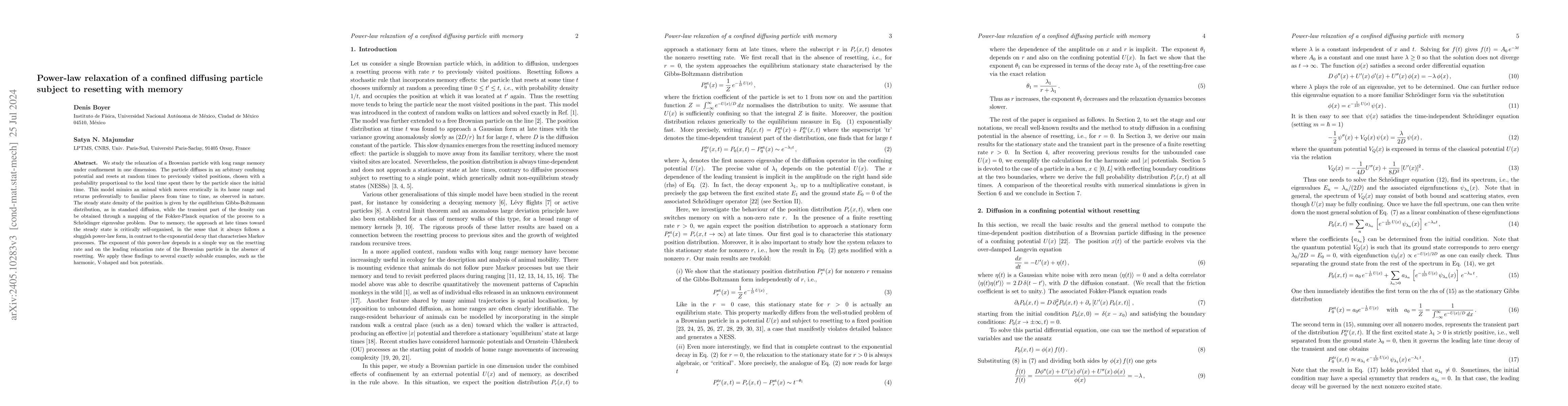 Thumbnail for Power-law relaxation of a confined diffusing particle subject to
  resetting with memory