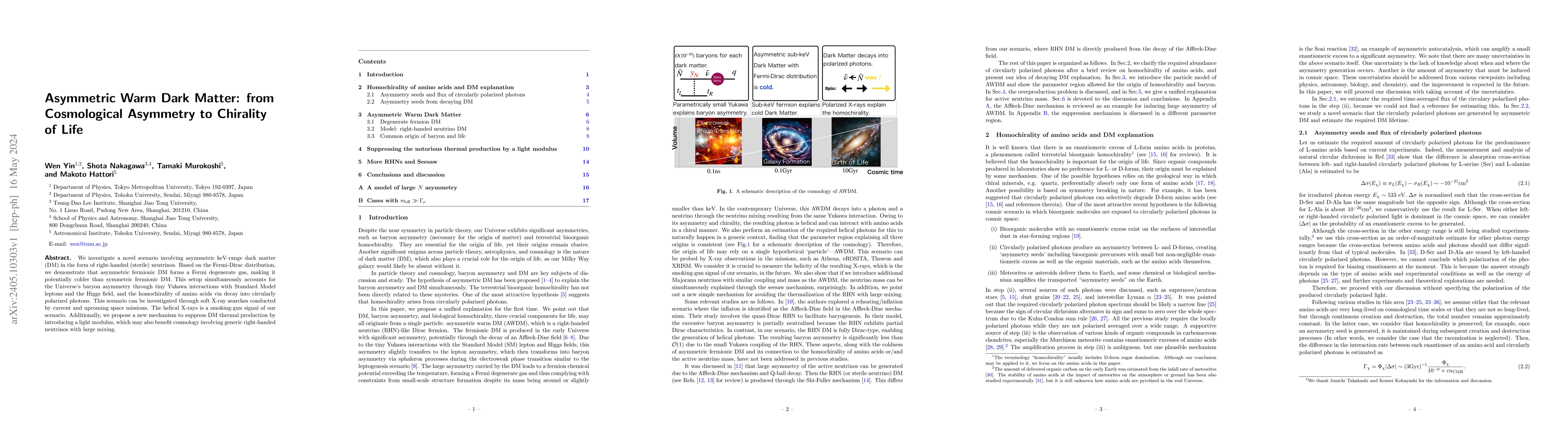 Thumbnail for Asymmetric Warm Dark Matter: from Cosmological Asymmetry to Chirality of
  Life