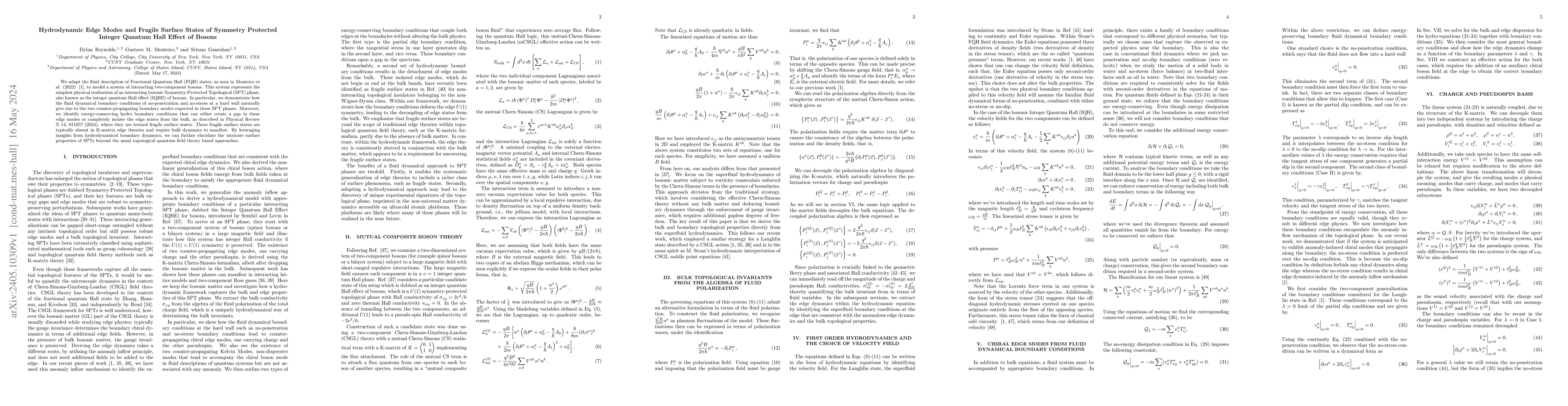Thumbnail for Hydrodynamic Edge Modes and Fragile Surface States of Symmetry Protected
  Integer Quantum Hall Effect of Bosons