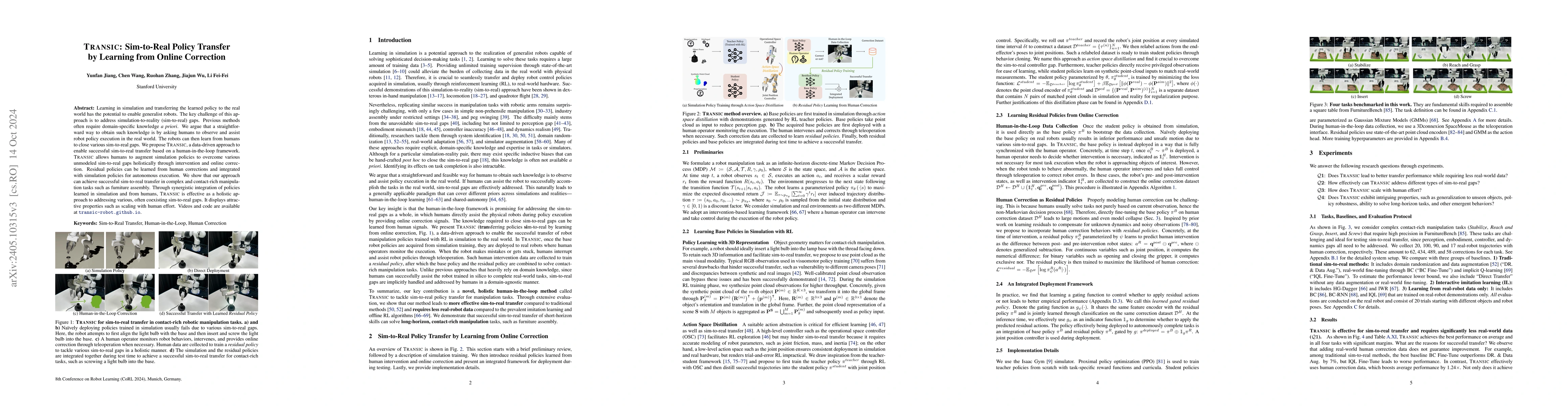Thumbnail for TRANSIC: Sim-to-Real Policy Transfer by Learning from Online Correction