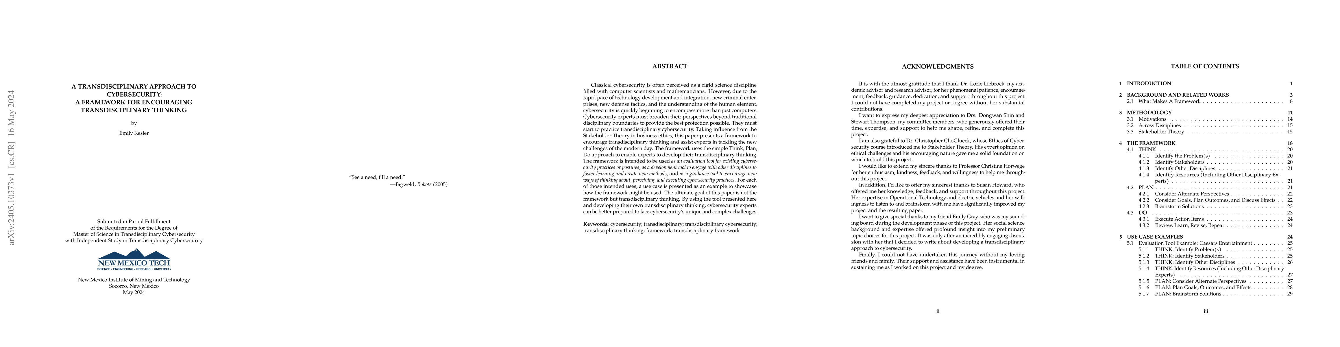 Thumbnail for A Transdisciplinary Approach to Cybersecurity: A Framework for
  Encouraging Transdisciplinary Thinking