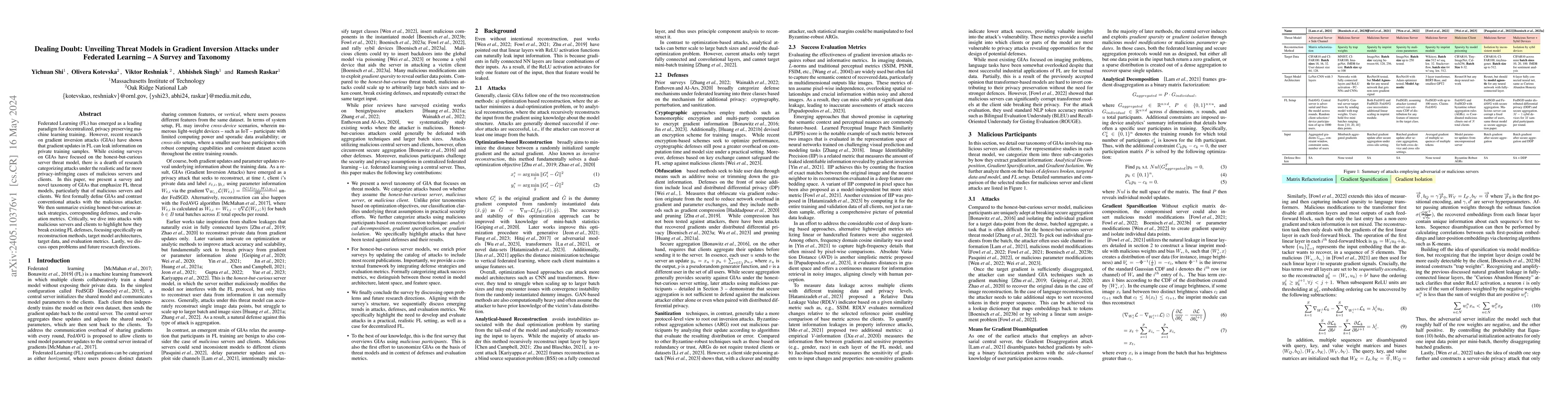 Thumbnail for Dealing Doubt: Unveiling Threat Models in Gradient Inversion Attacks
  under Federated Learning, A Survey and Taxonomy