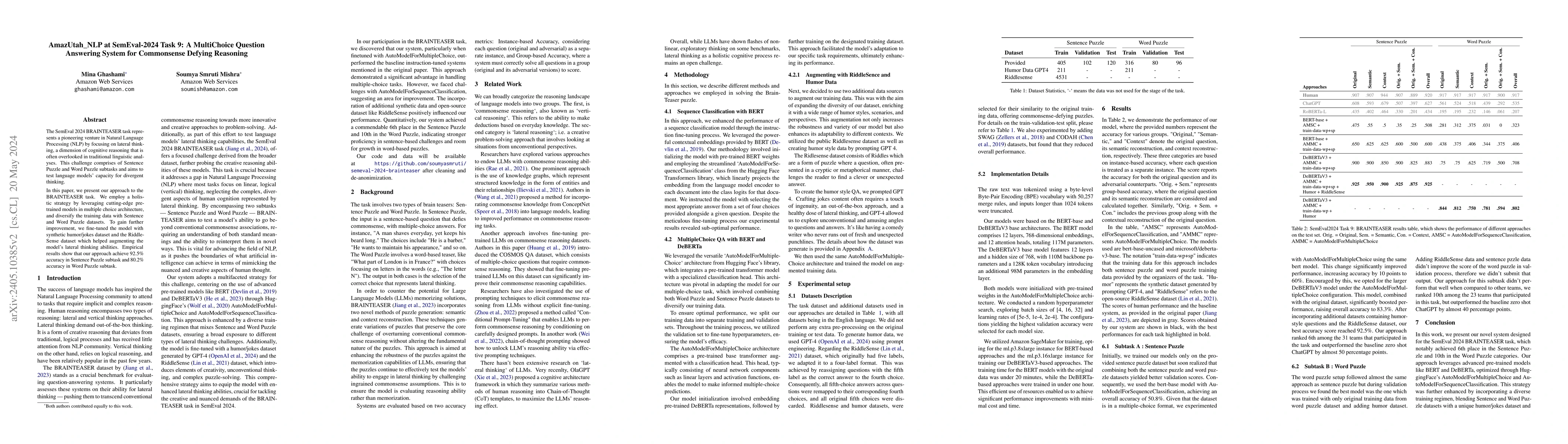 Thumbnail for AmazUtah_NLP at SemEval-2024 Task 9: A MultiChoice Question Answering
  System for Commonsense Defying Reasoning