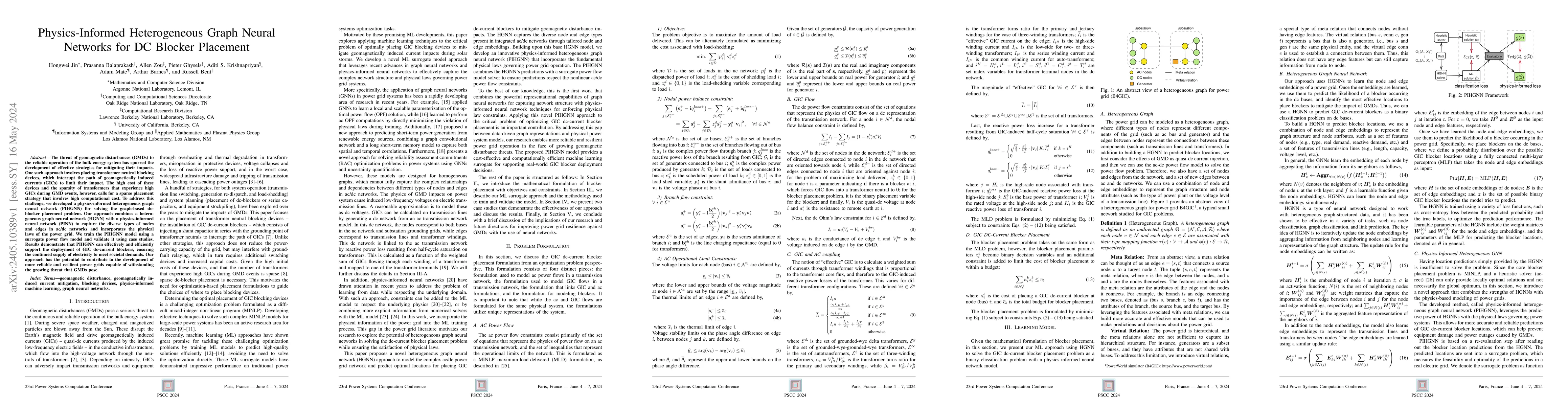 Thumbnail for Physics-Informed Heterogeneous Graph Neural Networks for DC Blocker
  Placement