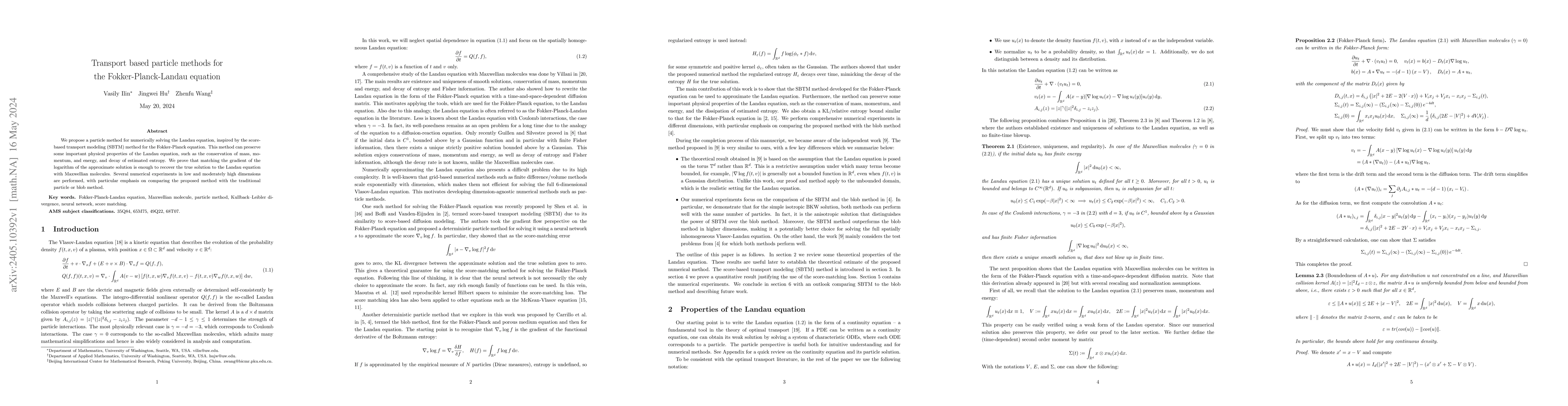 Thumbnail for Transport based particle methods for the Fokker-Planck-Landau equation