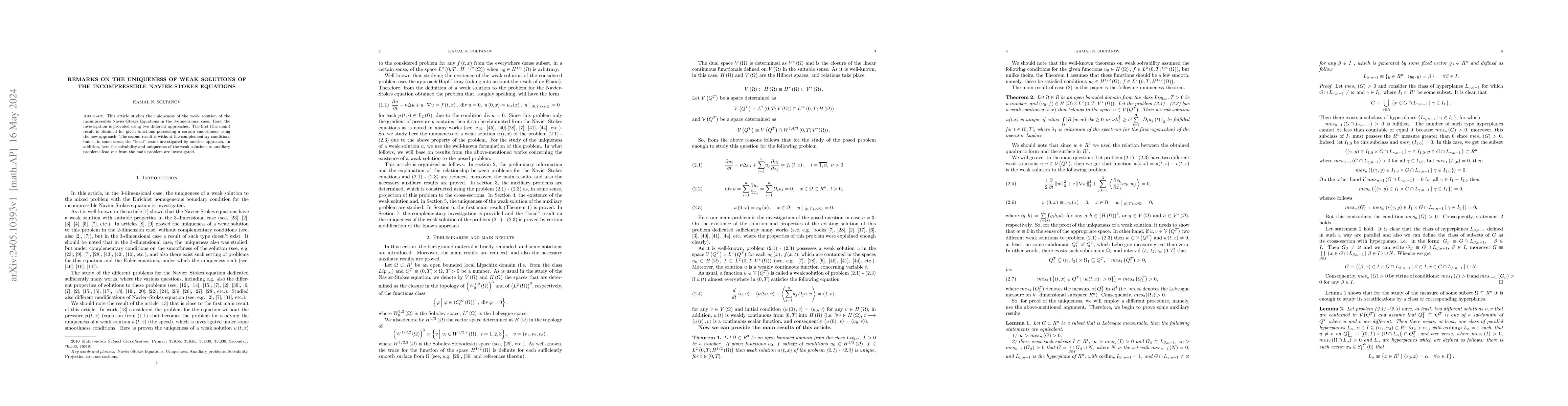 Thumbnail for Remarks on the uniqueness of weak solutions of the incompressible
  Navier-Stokes equations