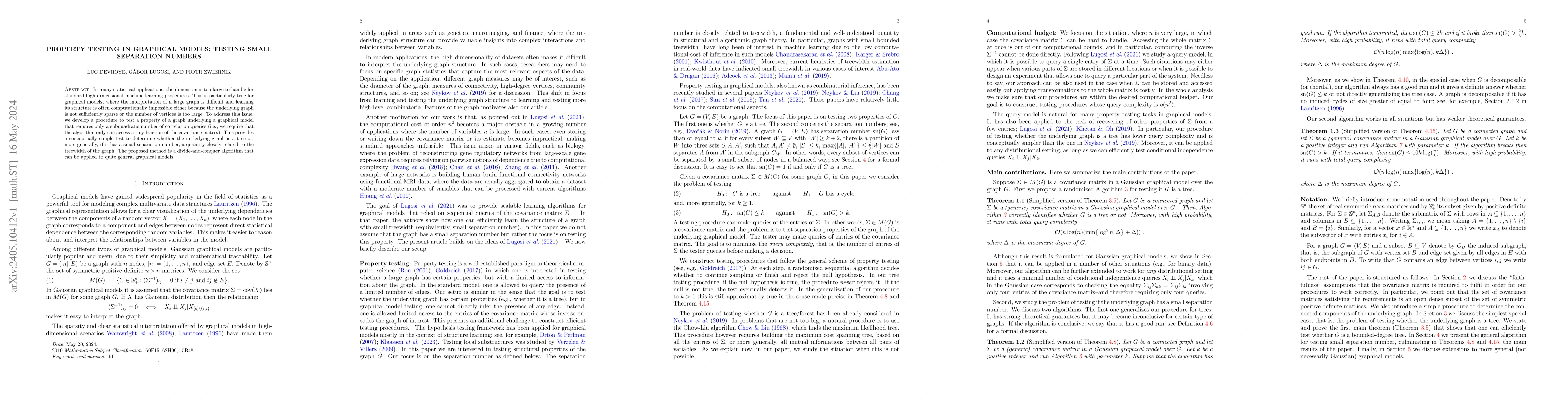 Thumbnail for Property testing in graphical models: testing small separation numbers
