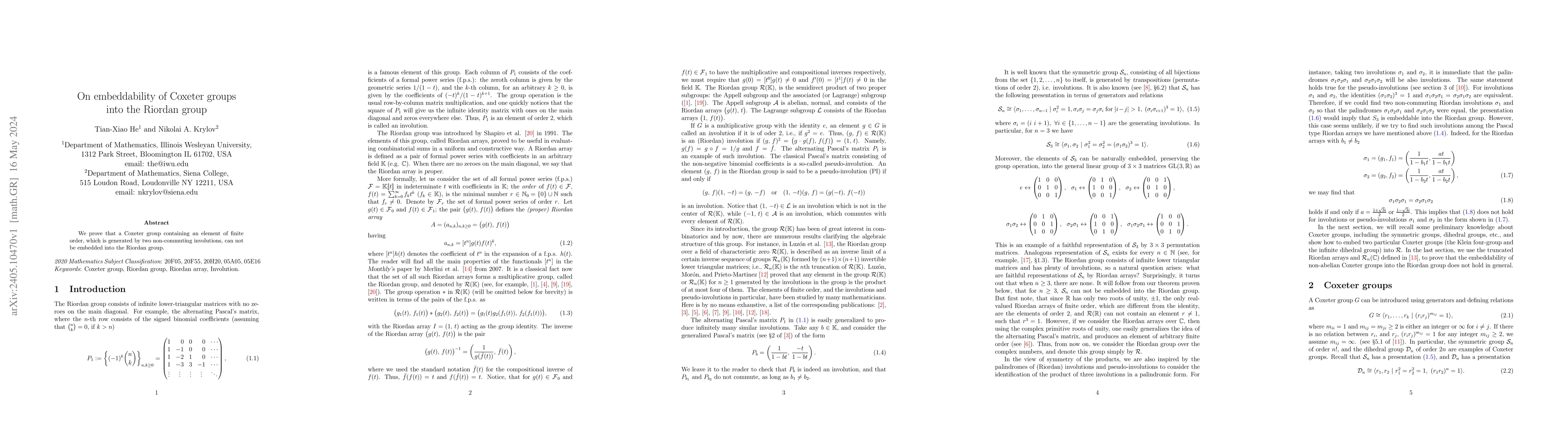 Thumbnail for On embeddability of Coxeter groups into the Riordan group