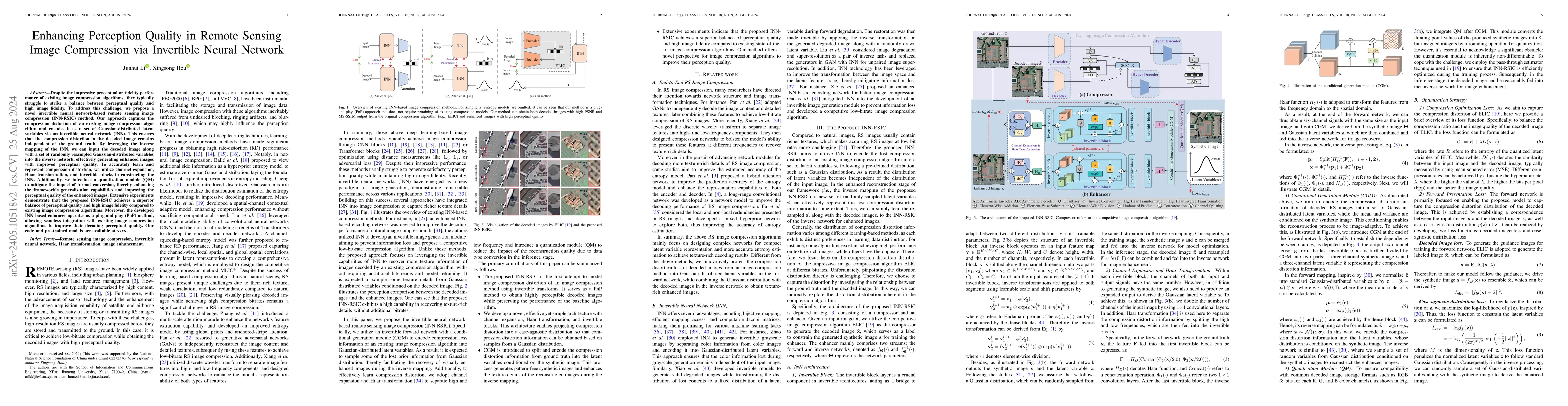Thumbnail for Enhancing Perception Quality in Remote Sensing Image Compression via
  Invertible Neural Network