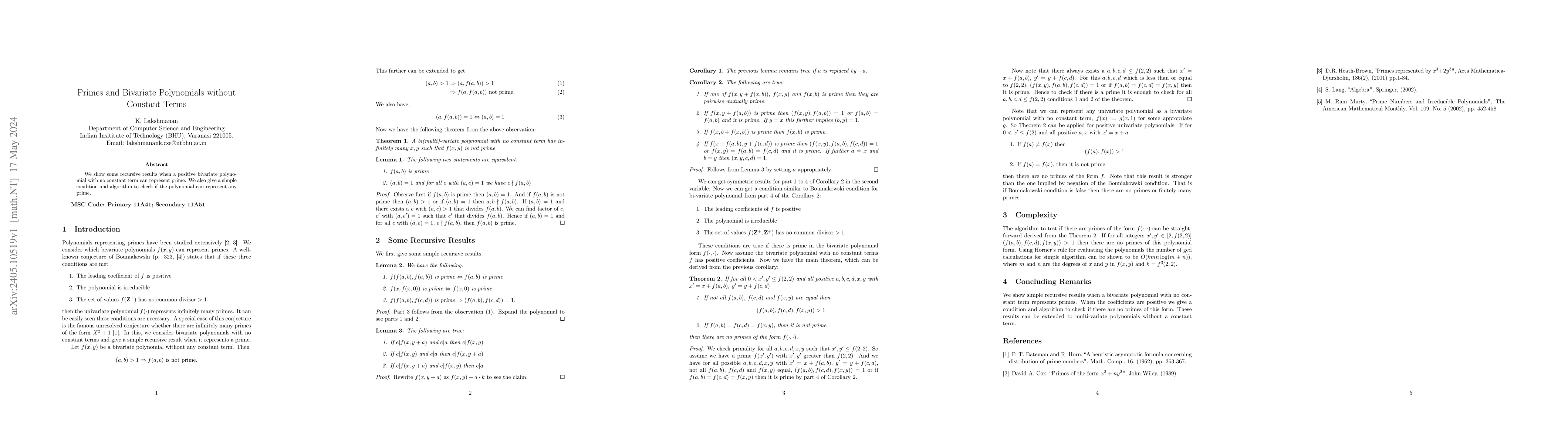 Thumbnail for Primes and Bivariate Polynomials without Constant Terms