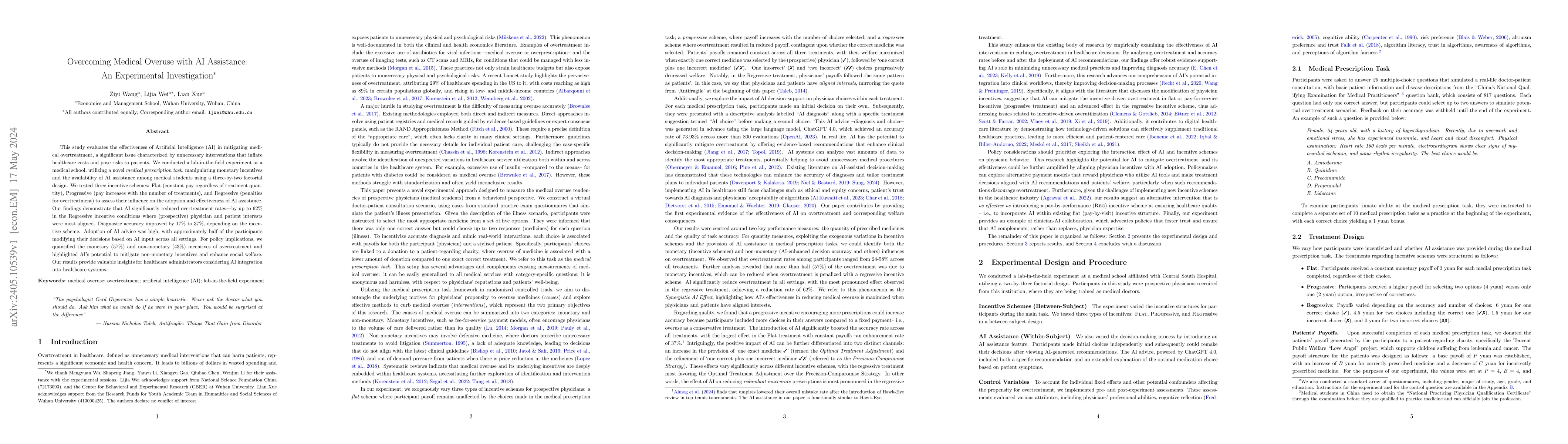 Thumbnail for Overcoming Medical Overuse with AI Assistance: An Experimental
  Investigation